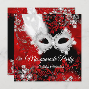 Red White Feathers Mask Masquerade Birthday Party Invitation
