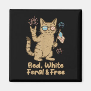 Red White Feral And Free Cat Funny Fourth Of July Magnet