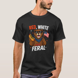 Red White Feral Bear Hot Dog American Flag 4th Jul T-Shirt