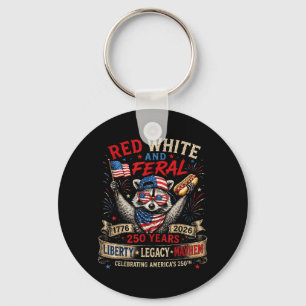 Red White Feral Racoon Aamerica 250th Patriotic Key Ring