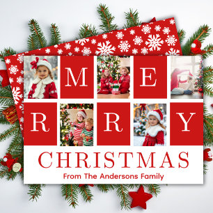 Red & White Festive Merry Christmas Five Photos Holiday Card