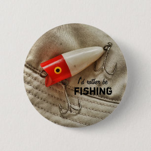 Red & White Fishing Lure I'd Rather Be Fishing 6 Cm Round Badge
