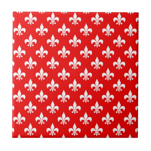 Red White Fleur-de-lis Ceramic Tile (Front)