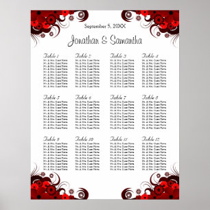 Red & White Floral 12 Wedding Tables Seating Chart