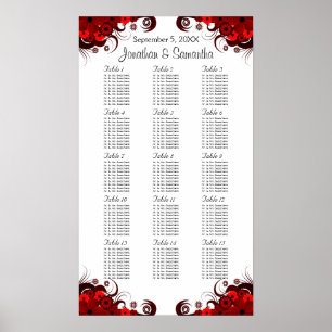 Red & White Floral 15 Wedding Tables Seating Chart