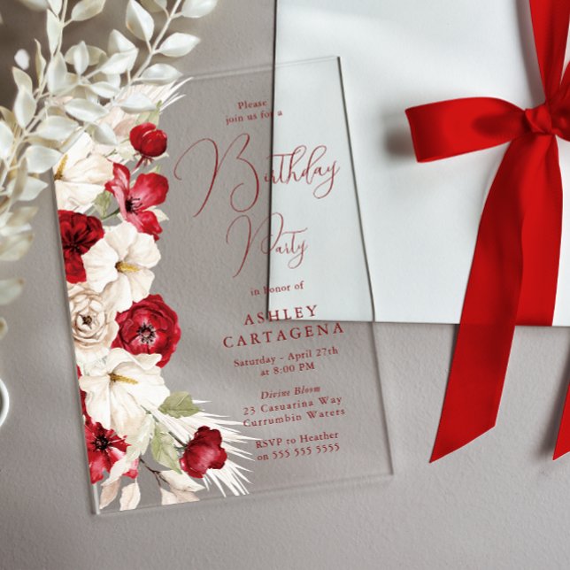 Red & White Floral Birthday Party Acrylic Invitations (Creator Uploaded)