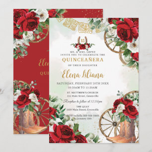 Red White Floral Charro Boots Sweet 16 Quinceañera Invitation