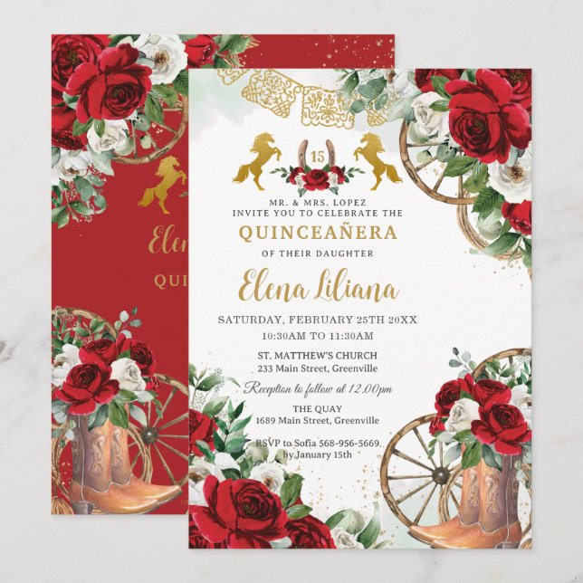 Red White Floral Charro Charra Horses Quinceañera  Invitation (Front/Back)