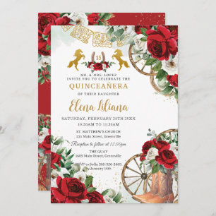 Red White Floral Charro Charra Horses Quinceañera  Invitation