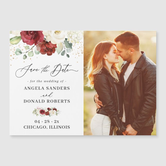 Red White Floral Chic Wedding Save the Date Magnet (Front)