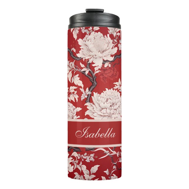 Red & White Floral Chinoiserie Pattern Personalise Thermal Tumbler (Front)