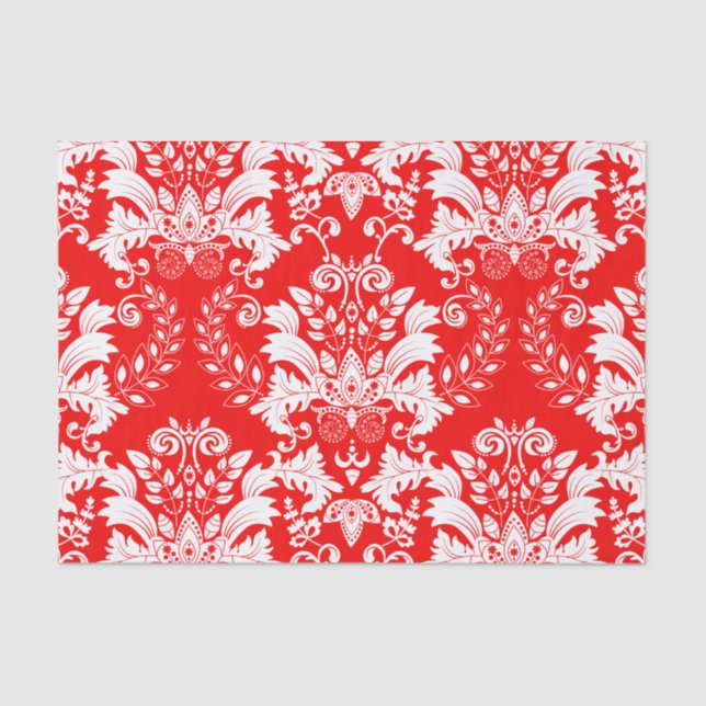 Red & White Floral Damask Pattern Tissue Paper (Front)