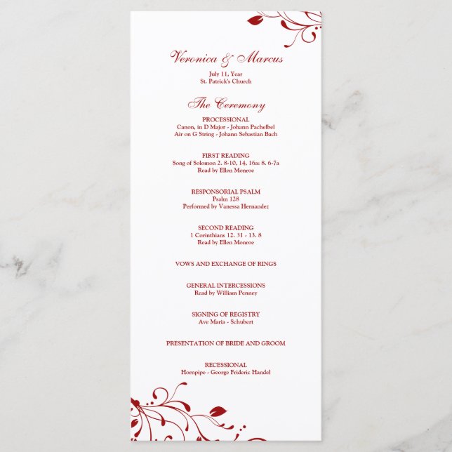 Red & White Floral Decal Wedding Program (Front)