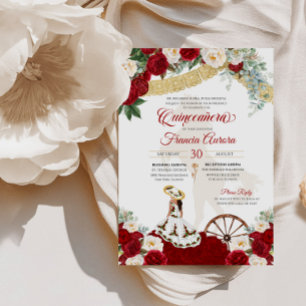 Red White Floral Elegant Gold Charro Quinceanera Invitation