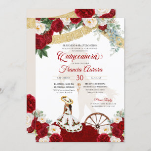 Red White Floral Elegant Gold - Charro Quinceanera Invitation