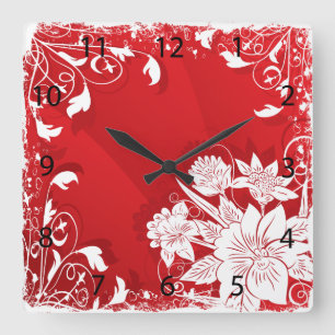 Red & White Floral Frame Square Wall Clock