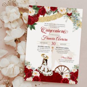 Red White Floral & Gold Elegant Charro Quinceanera Invitation
