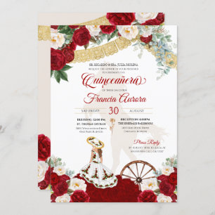 Red White Floral & Gold Elegant Charro Quinceanera Invitation
