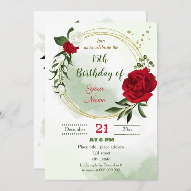 red white floral green gold wreath birthday invitation (Front/Back)