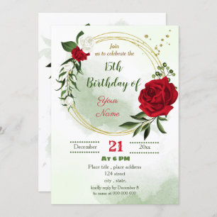 red white floral green gold wreath birthday invitation