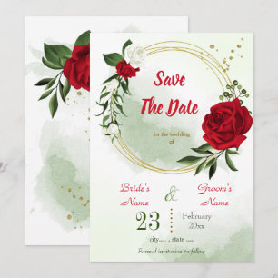 red white floral greenery gold wreath save the date
