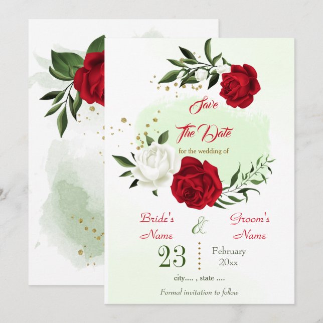 red white floral greenery  save the date (Front/Back)
