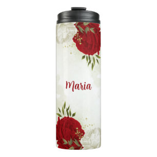 Red white floral greenery thermal tumbler
