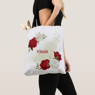 Red white floral greenery tote bag