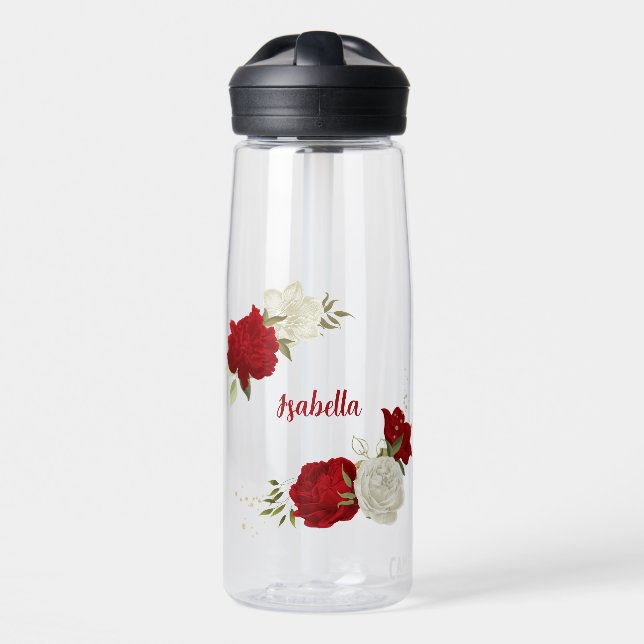 Red white floral greenery  water bottle (Front)