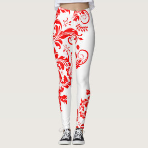 Red & White Floral Lace Asymmetric Design Leggings