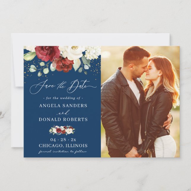 Red White Floral Navy Blue Gold Confetti Wedding Save The Date (Front)