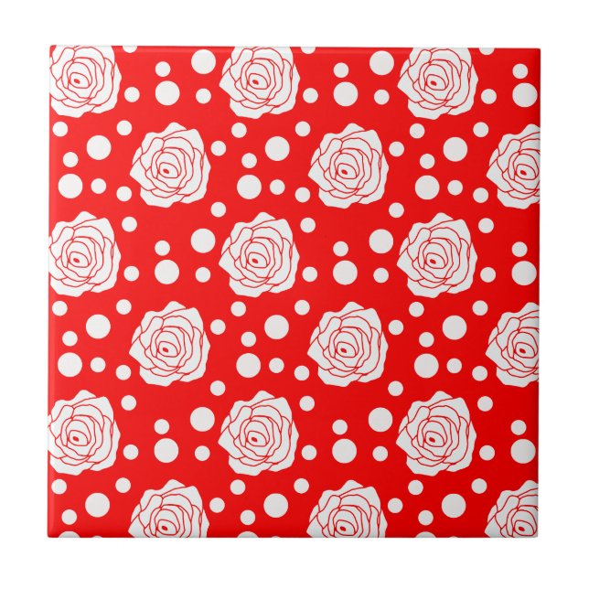 Red White Floral Polka Dots Pattern  Ceramic Tile (Front)