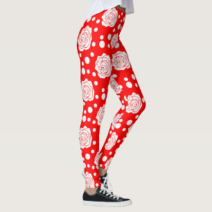 Red White Floral Polka Dots Pattern Leggings