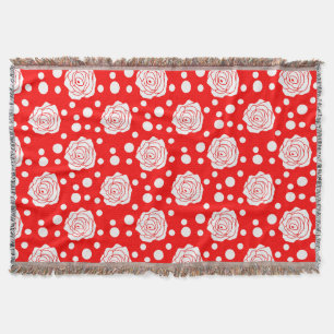 Red White Floral Polka Dots Pattern Throw Blanket