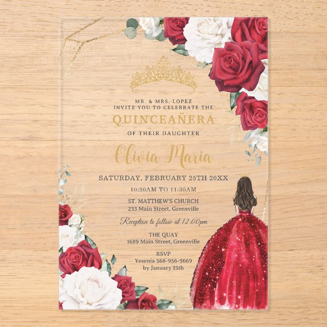 Red White Floral Princess Dress Gold Quinceañera  Acrylic Invitations (Front)