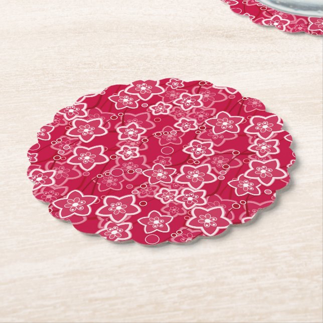 red white floral rustic fashion pattern retro paper coaster (Angled)