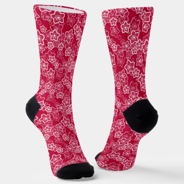red white floral rustic fashion pattern retro socks (Angled)