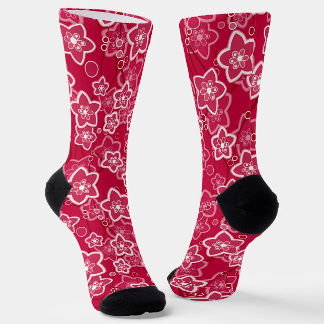 red white floral rustic fashion pattern retro socks (Angled)