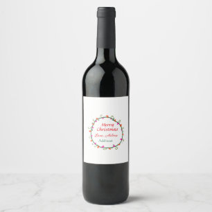 red white floral watercolor wreath merry Christmas Wine Label