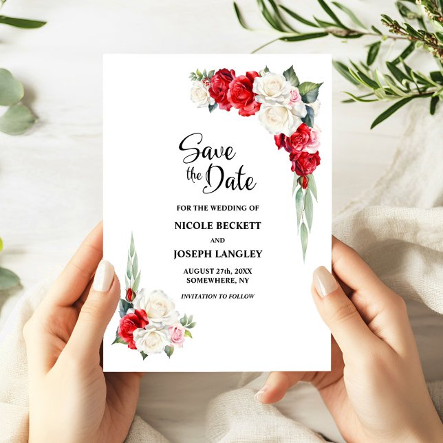 Red White Floral Wedding Save the Date  (Creator Uploaded)