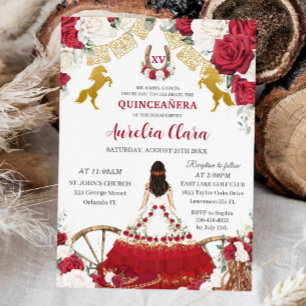 Red White Floral Wild West Charro Quinceañera XV  Save The Date