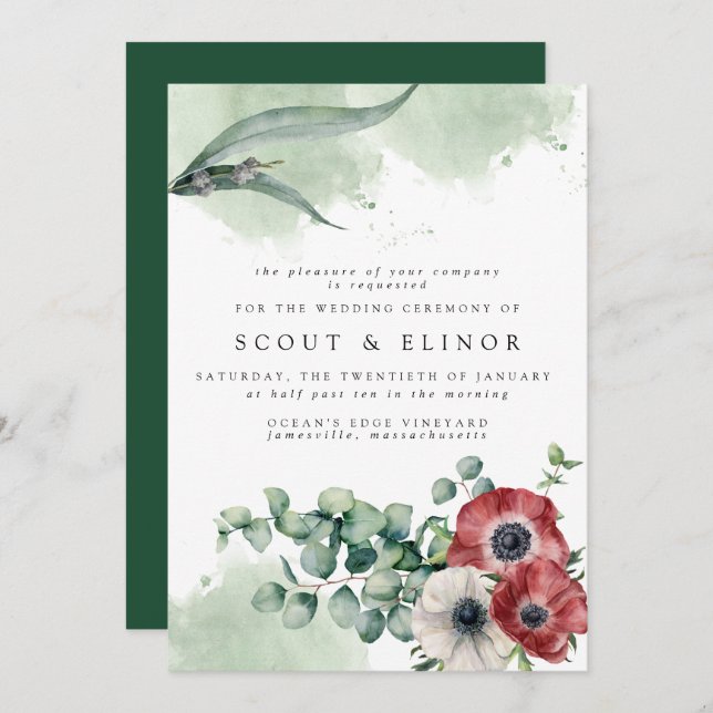 Red White Floral with Eucalyptus Leaves Wedding Invitation (Front/Back)