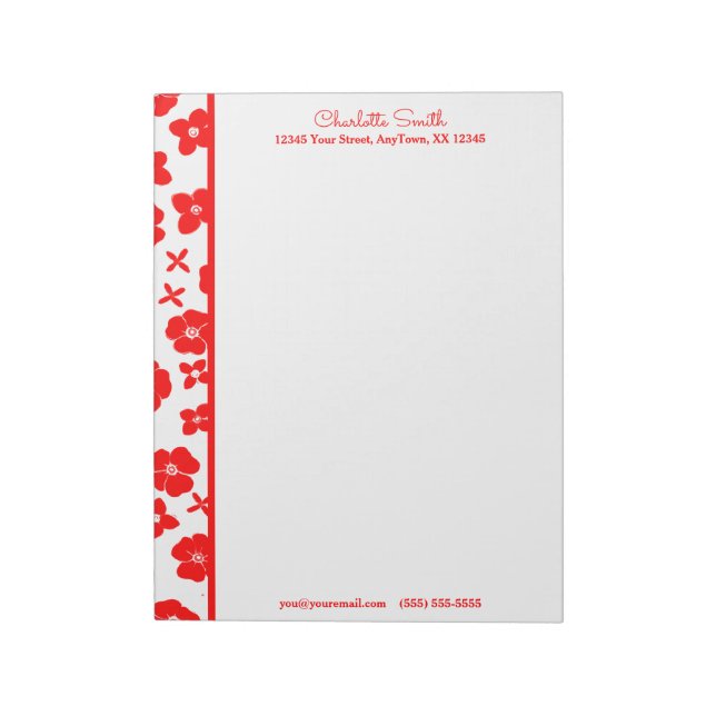 Red & White Flower Border Personalised Letterhead Notepad (Rotated)