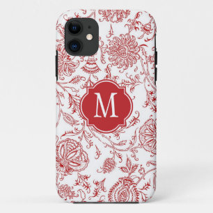 Red & White Flower Pattern Monogram iPhone 11 Case