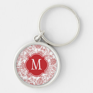 Red & White Flower Pattern Monogram Key Ring