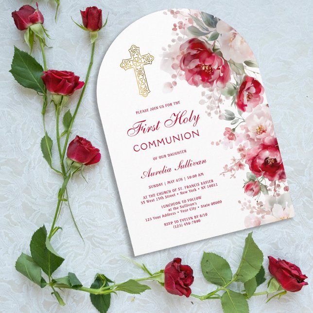 Red White Flowers Arch First Communion Invitation (Creator Uploaded)
