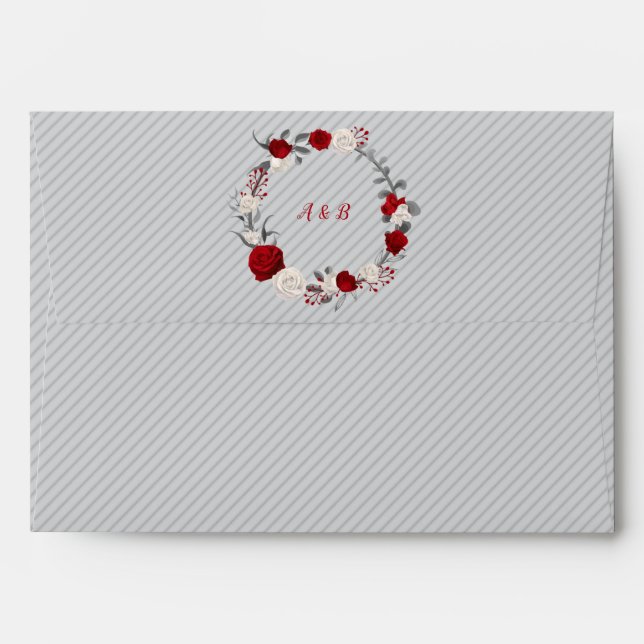 red & white flowers botanical wreath grey wedding envelope (Back (Top Flap))