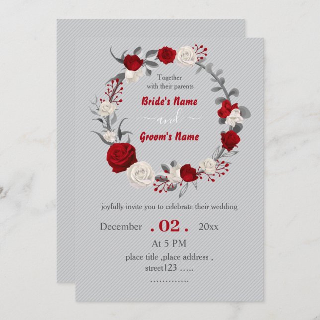 red & white flowers botanical wreath wedding invitation (Front/Back)