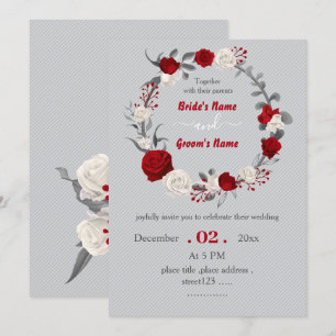 red & white flowers botanical wreath wedding invitation