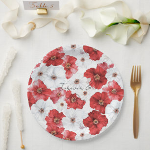 Red White Flowers Bridal Shower Wedding Paper Plate